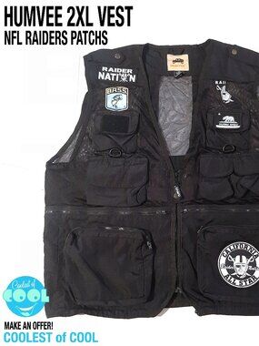 Humvee black tactical vest 2XL custom NFL Raiders patches 14 Pocket fishing hunt
